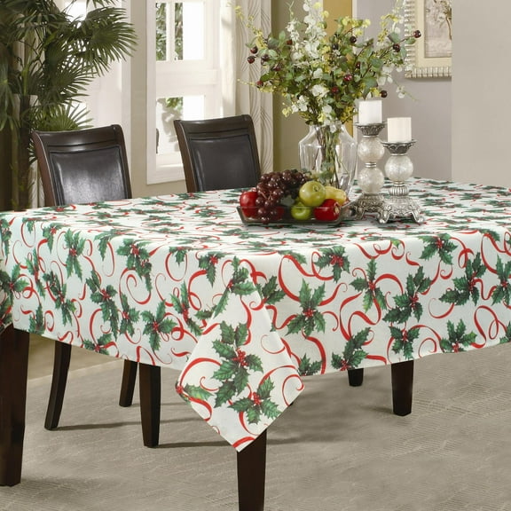 Holiday Holly Leaf Berries with Ribbon Printed on Metallic Tablecloth (60" x 120" Rectangle)