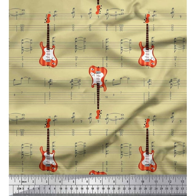 Soimoi Tissu Satin Modal Beige Notes & Guitare Instrument de Musique Imprimé Tissu au Mètre 42 Pouces de Large