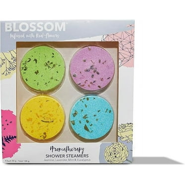Blossom Aromatherapy Shower Steamers, Bath Bomb Tablets with Essential Oils for Stress Relief and Relaxation 4 Pack Box, Jasmine, Lavender, Mint and Eucalyptus