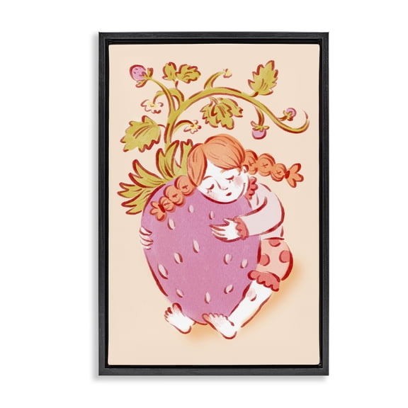 Stupell Industries Girl Hugging Strawberry People Painting Black Floater Framed Canvas Art Print Wall Art, 17 x 25
