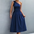 thumbnail image 2 of Wycnly Summer Dresses for Women Casual Solid Empire Waist Pleated Swing One Shoulder Dresses 2025 Sleeveless Slash Neck Plain Long Formal Dress Dark Blue m, 2 of 7