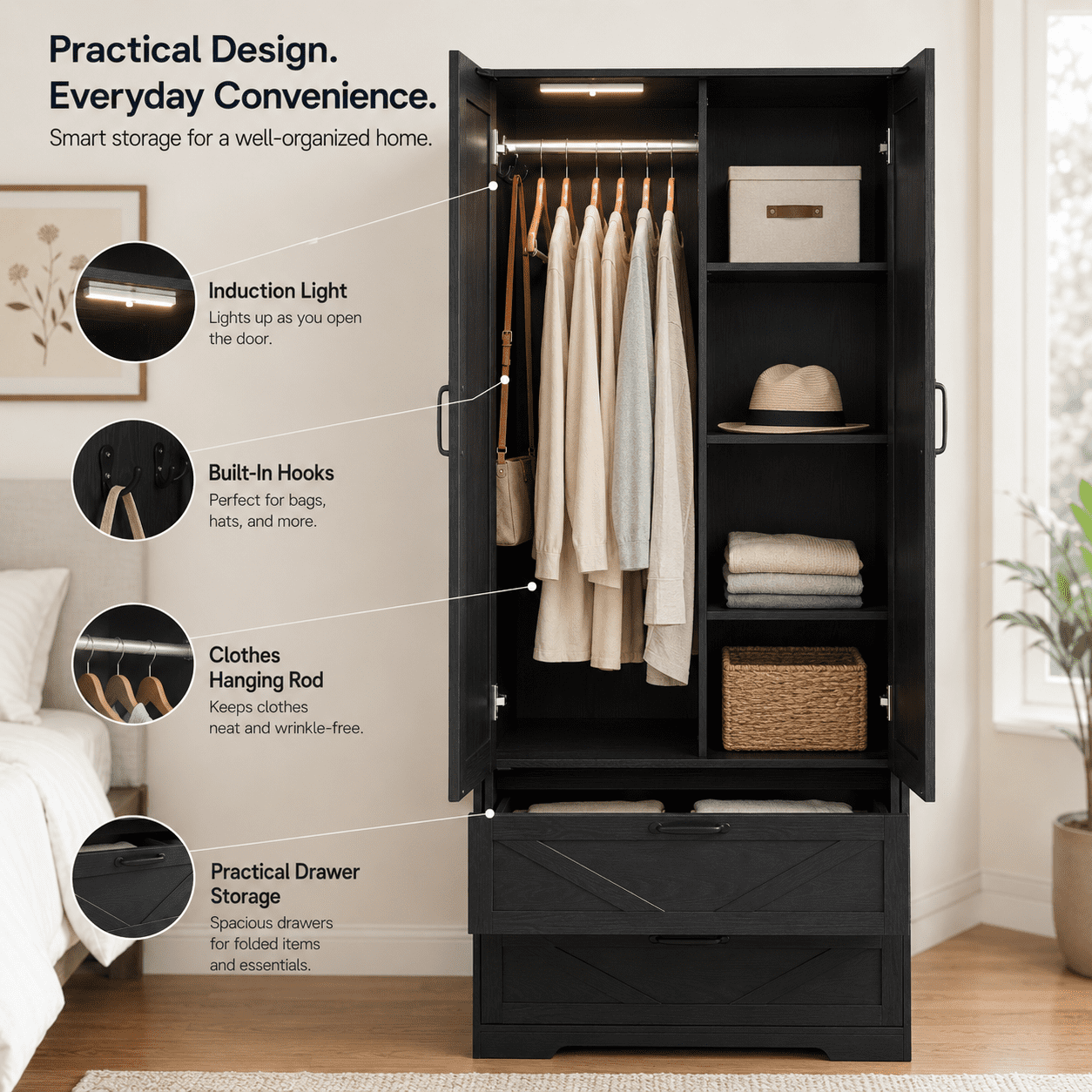 Aukfa 2-Door Wardrobe Armoire with Mirror & Built-In Induction Light, Bedroom Wood Closet with Hanging Rod & 2 Drawers,Black