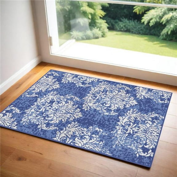 HomeRoots 553077 3 x 5 ft. Damask Distressed Rectangle Area Rug, Navy Blue & Ivory