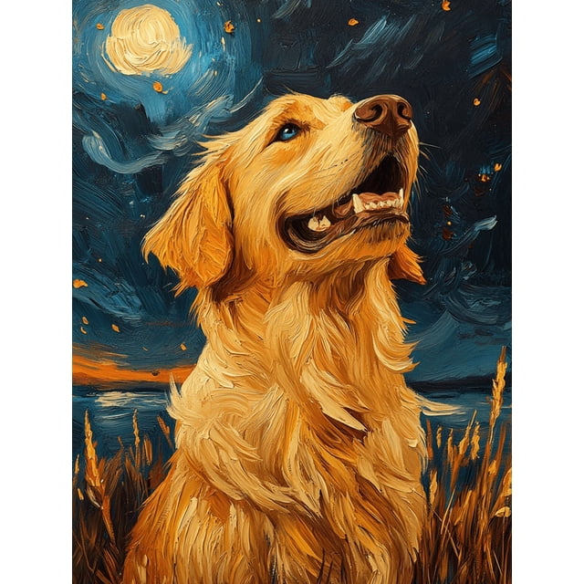 Qisvanset Framed Canvas Wall Art 12x16 Inch Moonlight Golden Retriever Pet Night Scene Wall Art