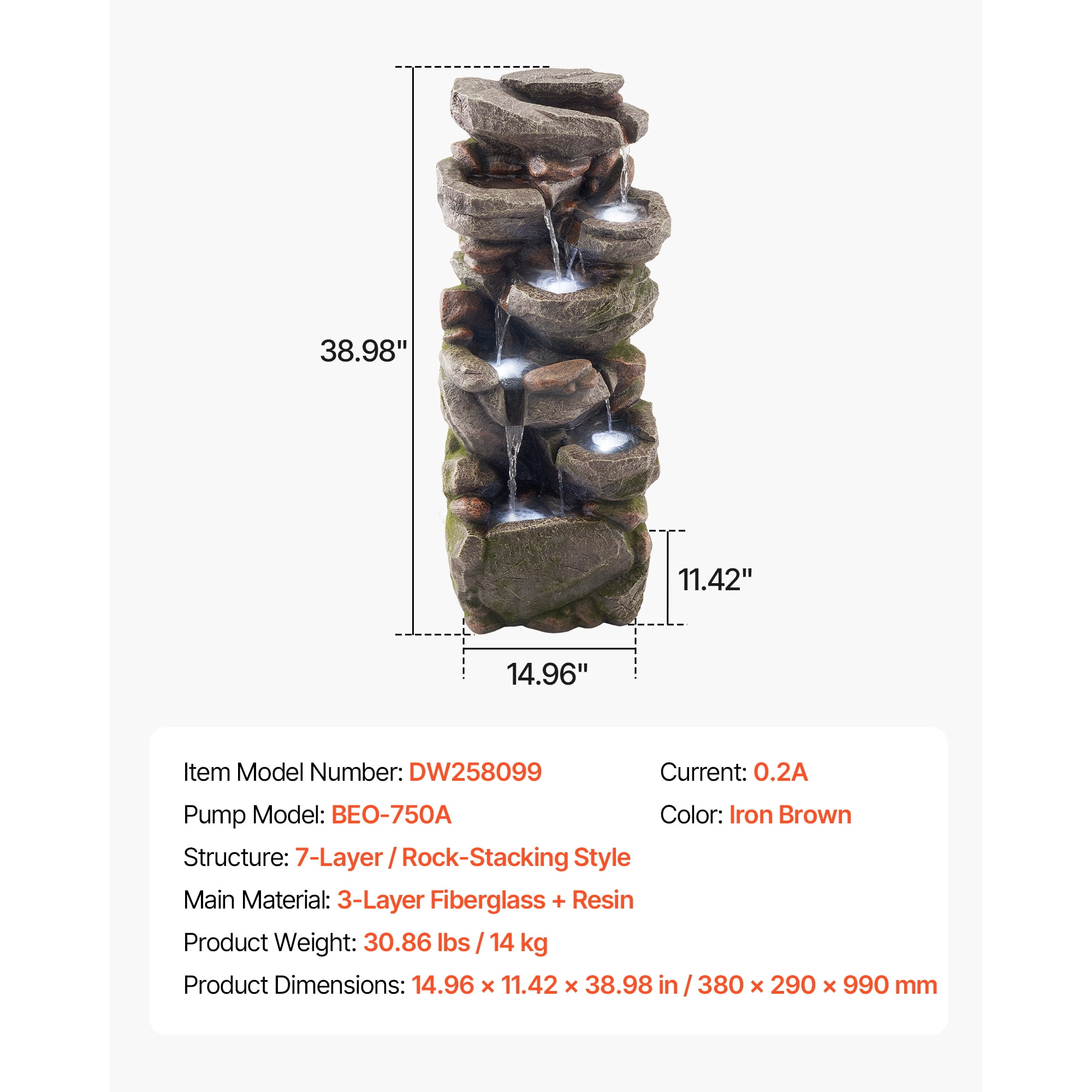 KFFKFF Outdoor Water Fountain, 38.98 in Tall, 7-Tier Rock-Inspired Cascading Design with LED Light and Pump, Ideal for Gardens, Patios, Backyards, and Indoor Spaces