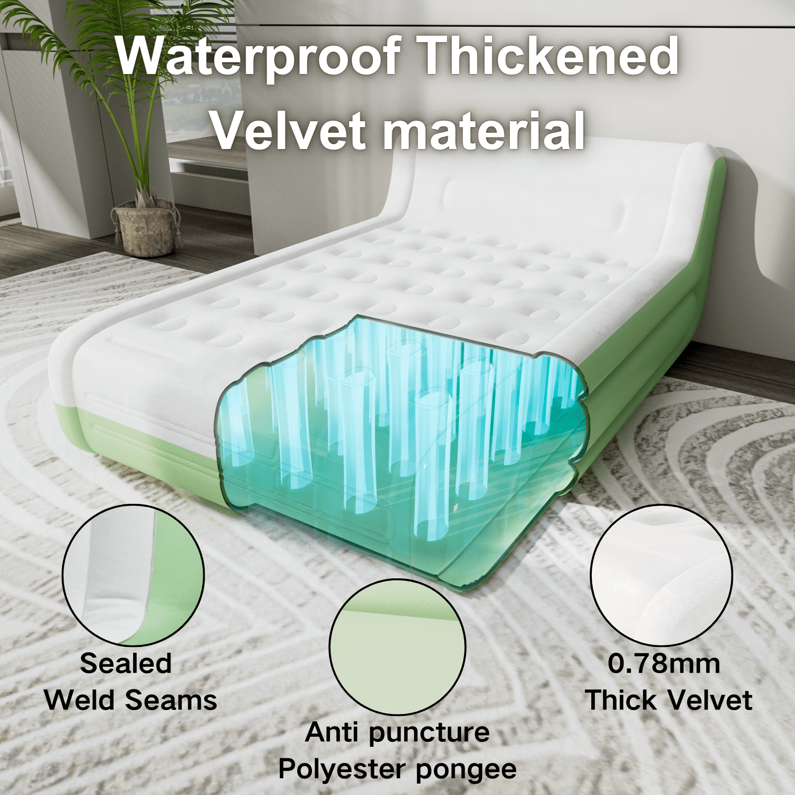 Queen Air Mattress with Headboard,Built in Pump,18”Self Inflating Air Bed for Family Guest Travel Camping,Green