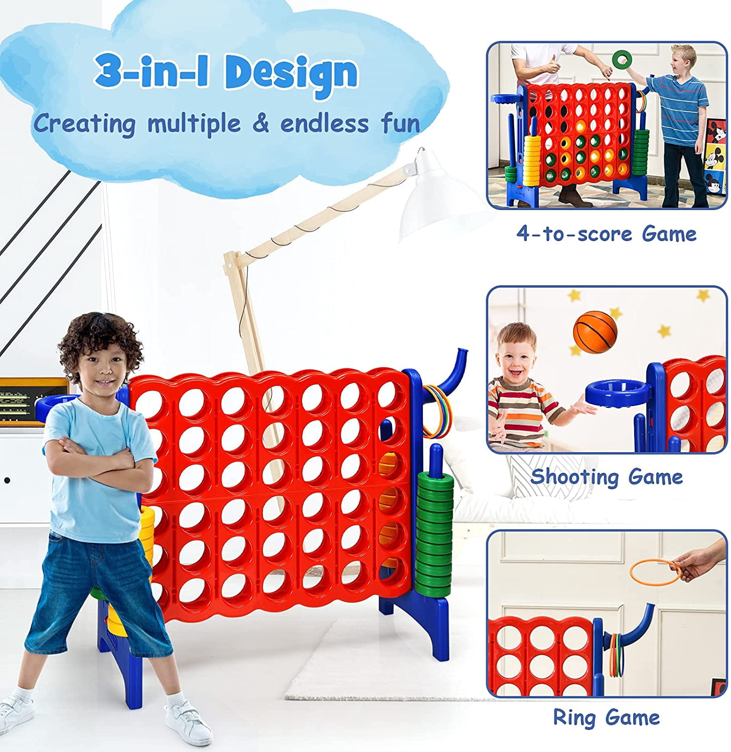 ZJTER Jumbo 4-to-Score Giant Game Set for Kids & Adults, 2.5Ft Indoor Outdoor Game with Basketball Hoop, Ring Game, 42 Jumbo Rings, Quick-Release Slider, Perfect for Birth & Holiday Party