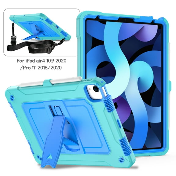 iPad Air 4 10.9 Case 2020, iPad Pro 11 Inch 2020 2018 Case, Heavy Duty Hybrid Shockproof Stand Anti Scratch Kids Cover Drop-Proof Protection Case with Hand Shoulder Strap Case,Aqua & Black