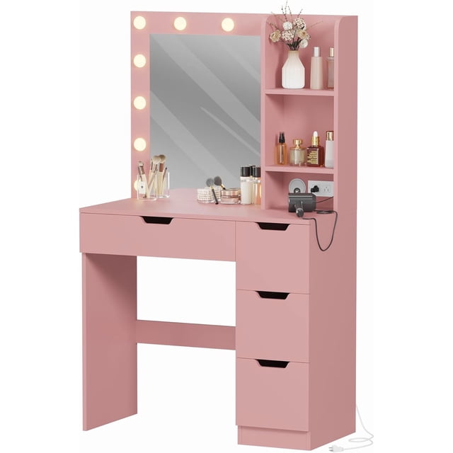 35 Inch Makeup Vanity Desk with Mirror and Lights , 4 Drawers, Built-in Power Outlet & USB, Adjustable LED Lighting, for Bedroom