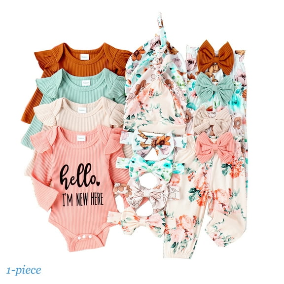 Emy Dola Baby Girl 4Pcs Clothes Set Newborn Infant Ruffle Ribbed Romper Floral Pants Headband Hat Outfits for Girls