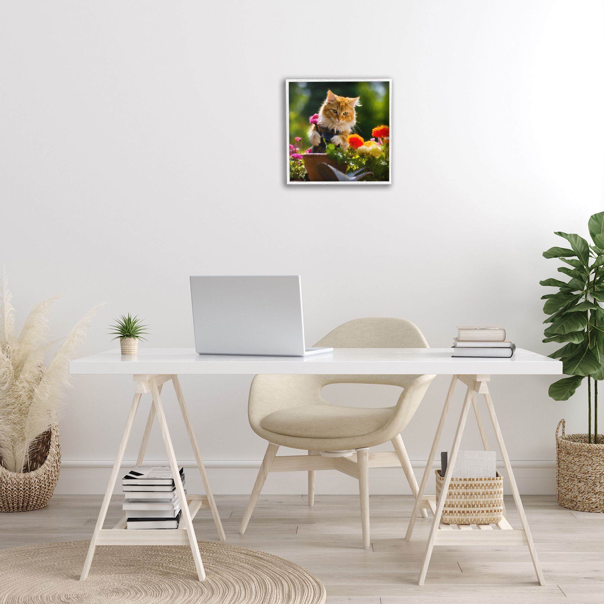 Stupell Industries Spring Gardener Kitten Animals & Insects Painting White Framed Art Print Wall Art, 17 x 17