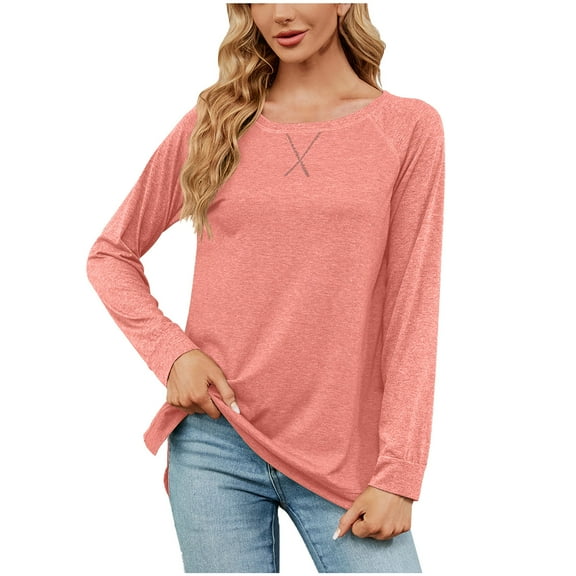 IROINNID Women's Long Sleeve Round Neck Loose Tops Solid Casual Elastic Pullover Shirt Blouse,Pink