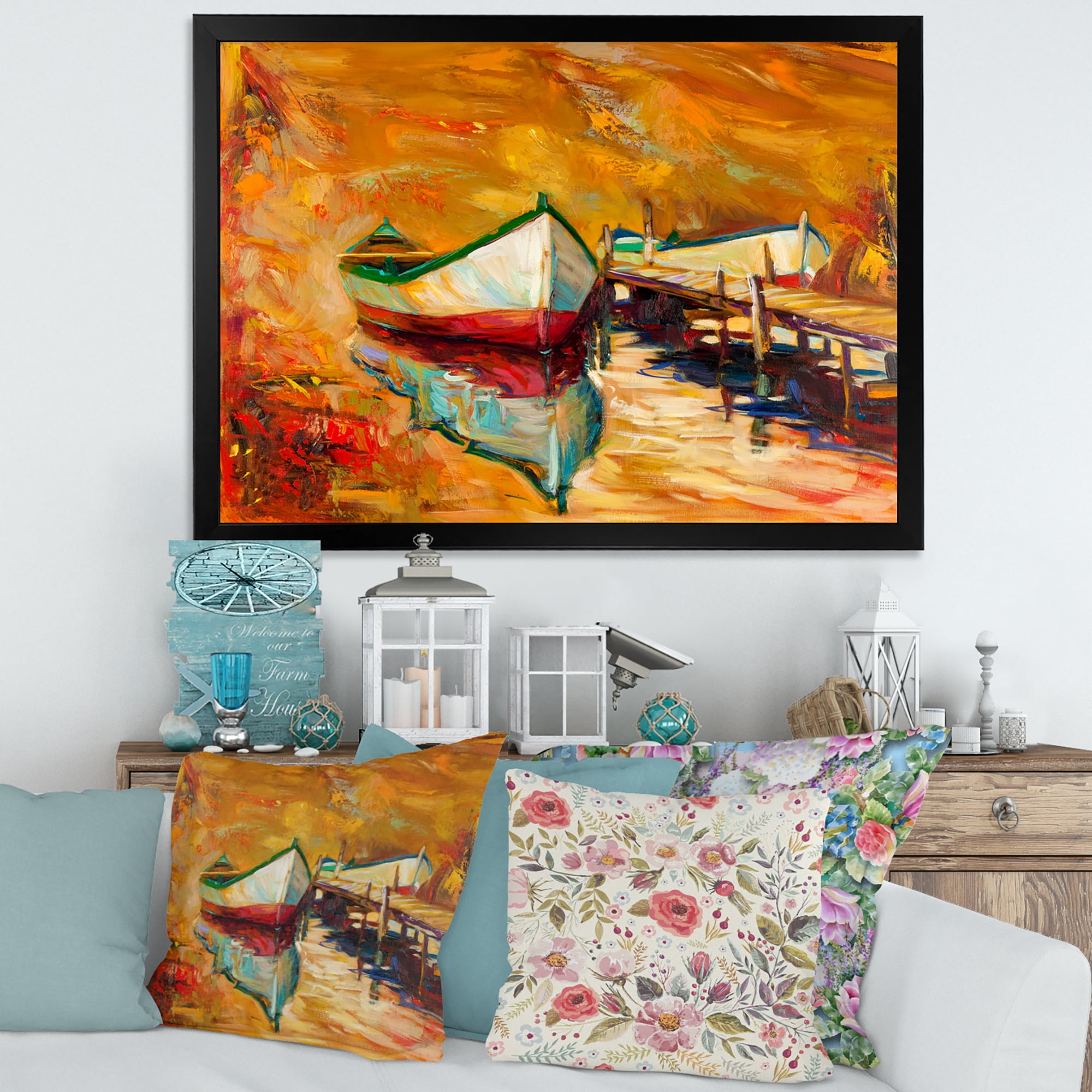 Designart 'Red and White Boats By The Pier' Nautical & Coastal Framed Art Print