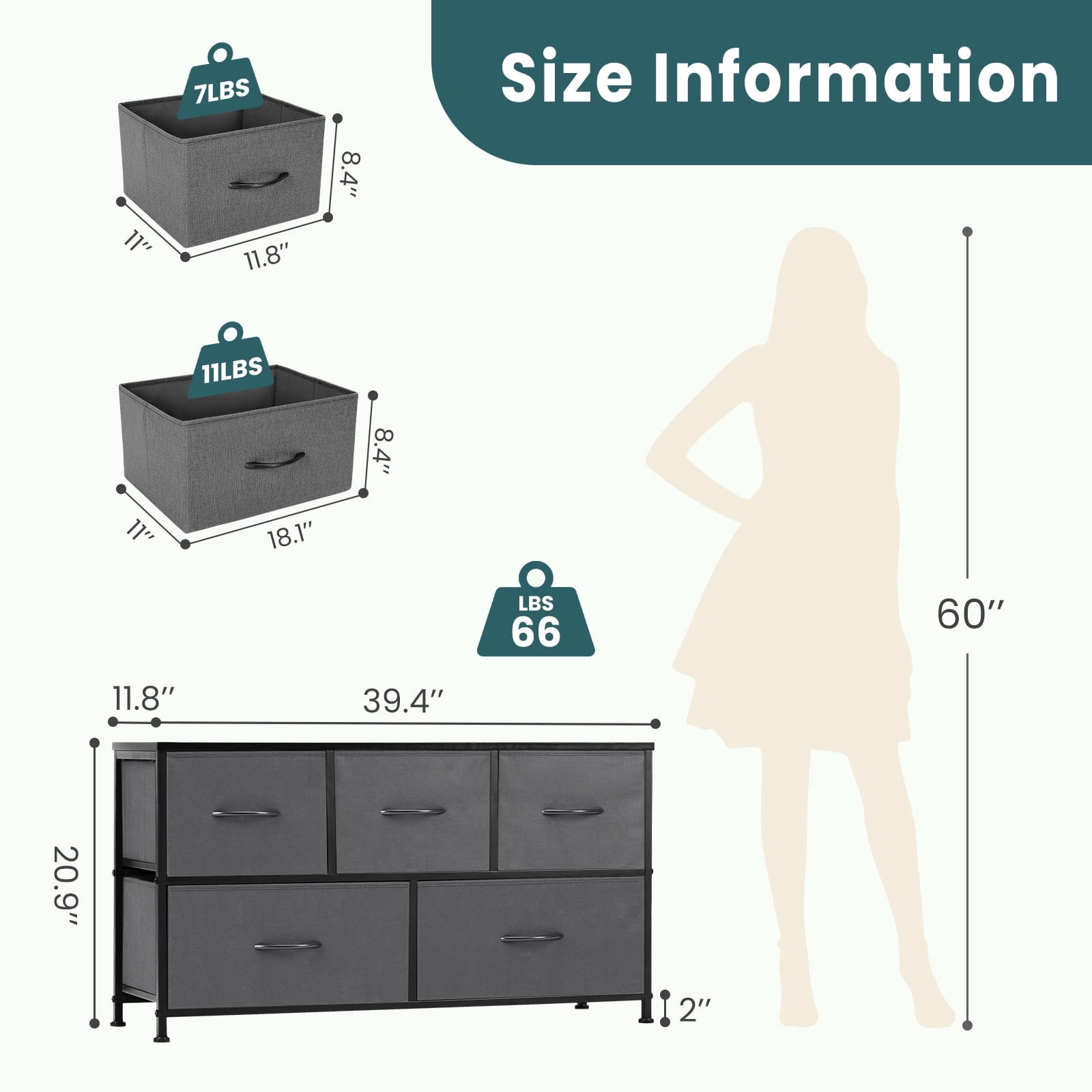JIOABL 5 Drawer Chest Organizer with Fabric Bins, Dresser for Bedroom, Tall Steel Frame, Grey