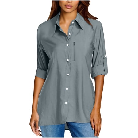 HUJlwoi Women s Sun Protection Shirt Long Sleeve Outdoor Fishing Hiking Travel Bttton down Tops with Zippered Pocket Solid Color Clothes