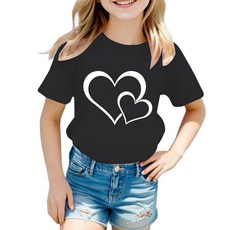 Angala Child Shirts Short Sleeve Crew Neck Hearts Print Summer Classic Fit Stretchable Quick Dry Soft Cute Outdoor Party Casual Girls Tops Size 5-6 Years Black
