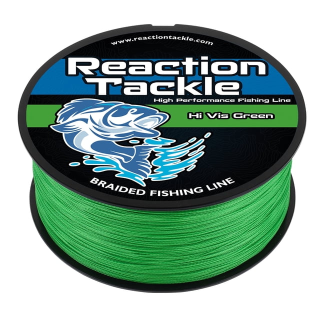 Reaction Tackle Fil de Pêche Tressé – Tresse PE de Qualité Pro, Super Solide, Résistante à l'Abrasion, Zéro Étirement pour Eau Douce et Eau Salée - Vert Haute Visibilité - 15 Lb / 150 Verges