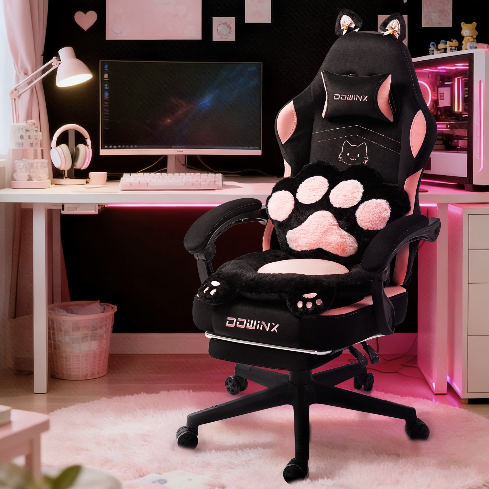 GOOSEA Cute Cat Ear Gaming Chair with Paw Print Lumbar Support and Cushion, Ergonomic Computer Desk Chair with Footrest, Reclining PC Game Chair for Girls and Women, 300lbs, Black and Pink