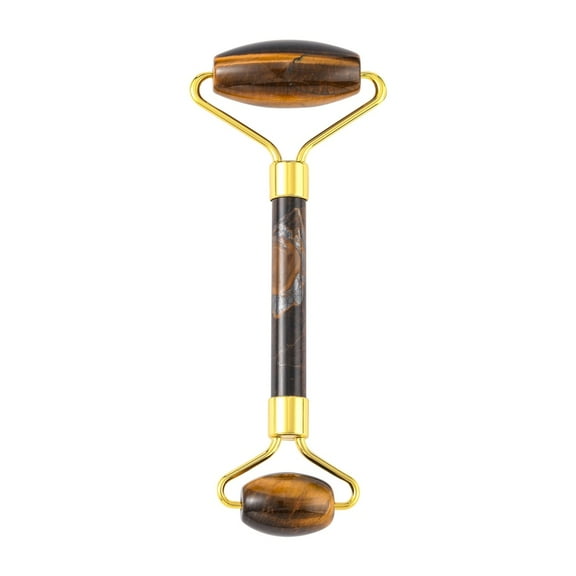 1pc Natural Tiger Eye Face Massager Facial Rollers with Long-Lasting Plated Alloy Findings Golden 149~151x57~60x19~20mm