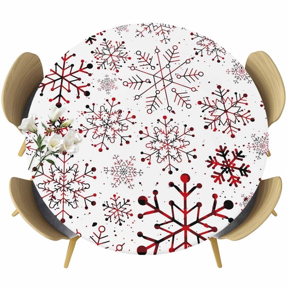 Red Snowflake Christmas Table Cloth, Round Fitted Tablecloths with Elastic Edge, Xmas Snowflake Wipeable Waterproof Table Cover for Kitchen Wedding 45-54 Inches