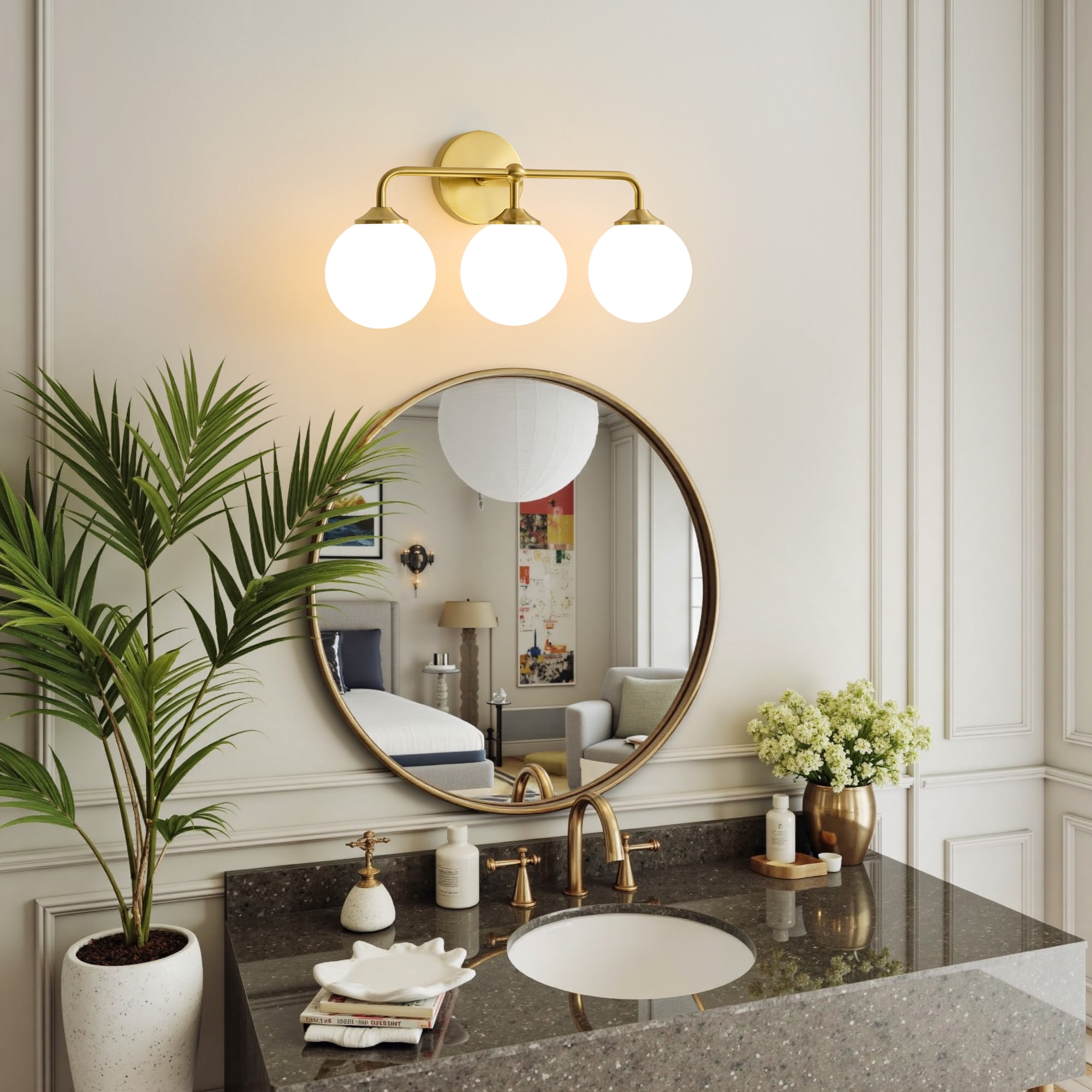 Deyidn Modern Vanity Light Gold 3-Light, 18.89" Bathroom Light with Milk White Glass Shade for Soft Lighting, Damp Rated Fixture for Bath, Powder Room