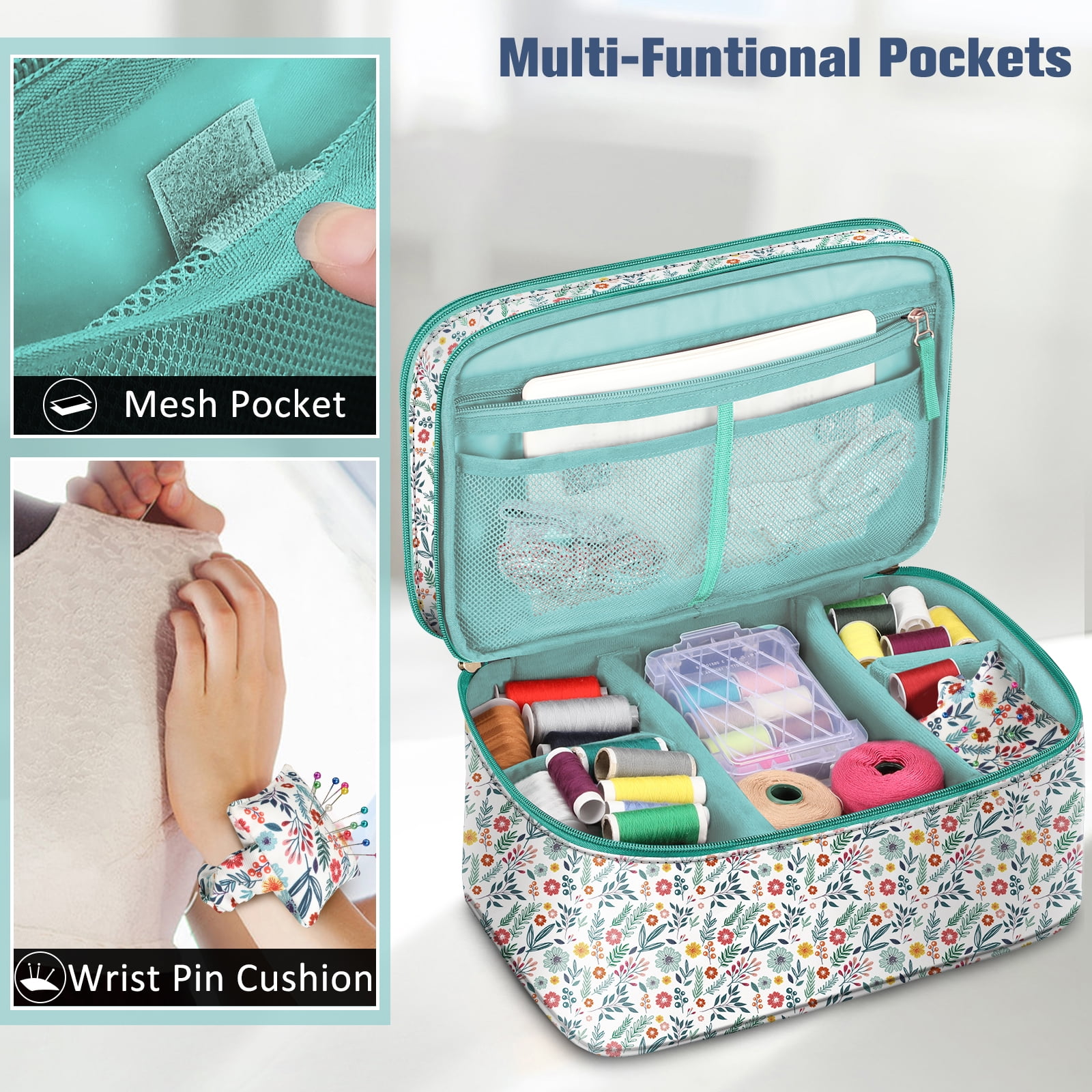 FINPAC Sewing Accessories Storage and Organizer Case, Double-Layer Sewing Kits Carrying Bag with Wrist Pin Cushion for Threads, Needles, Embroidery Floss Supplies, Felting Kits，Spring Bloom