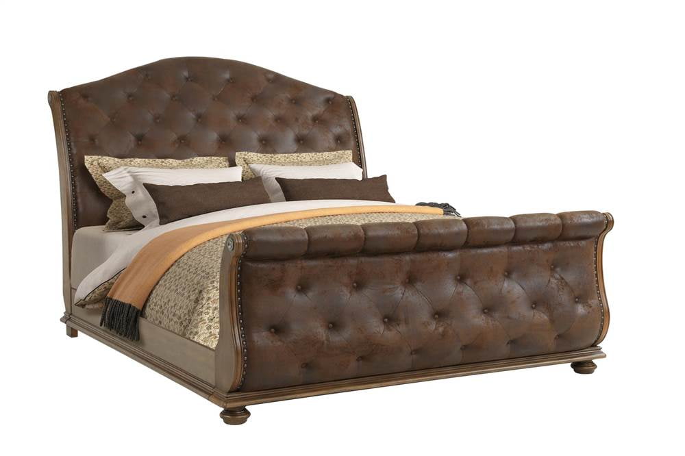 Tufted Sleigh Bed in Walnut Finish (Queen 110 in. L x 66 in. W x 67 in