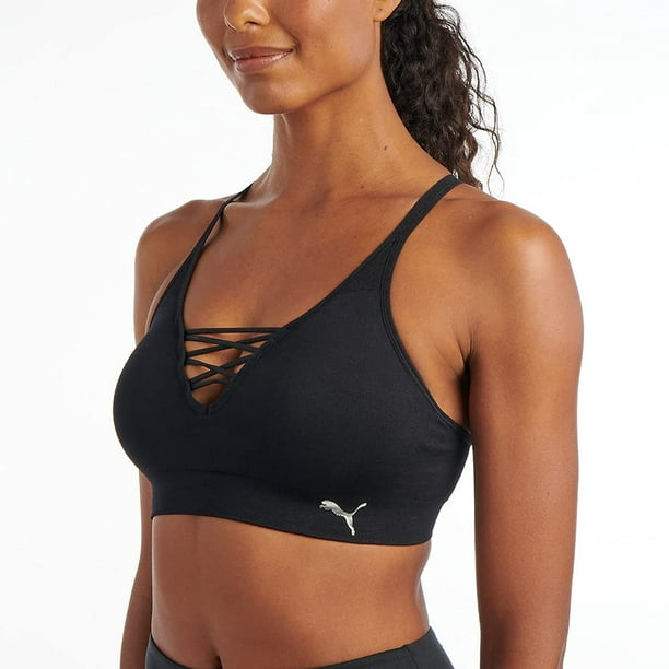 PUMA Sports Bra Womens Large Black Nylon Crossback Wide Straps Logo Pullover