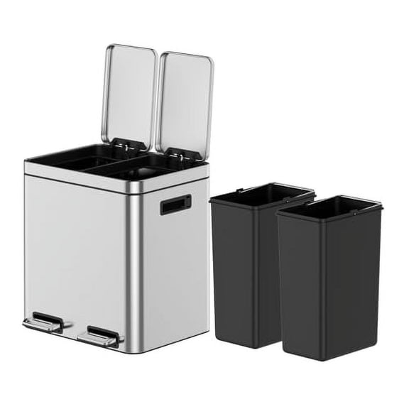 Kitchen Trash Can, Dual Compartment Garbage Can, Stainless Steel Rubbish Bin with Soft-Close Lid and Removable Inner Wastebasket for Kitchen, Home Office