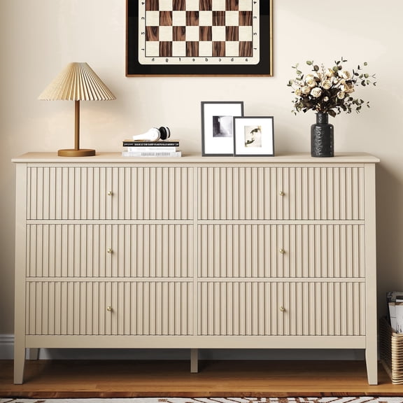 May in Color Fluted 6 Drawer Dresser, Wide Modern Chest of Drawers, Large Wood Storage Cabinet Organizer for Bedroom, Living Room, Hallway, Entryway, Beige