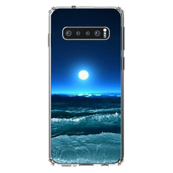 DistinctInk Clear Shockproof Hybrid Case for Samsung Galaxy S10  PLUS(6.4" Screen) - TPU Bumper, Acrylic Back, Tempered Glass Screen Protector - Moonlit Ocean Waves