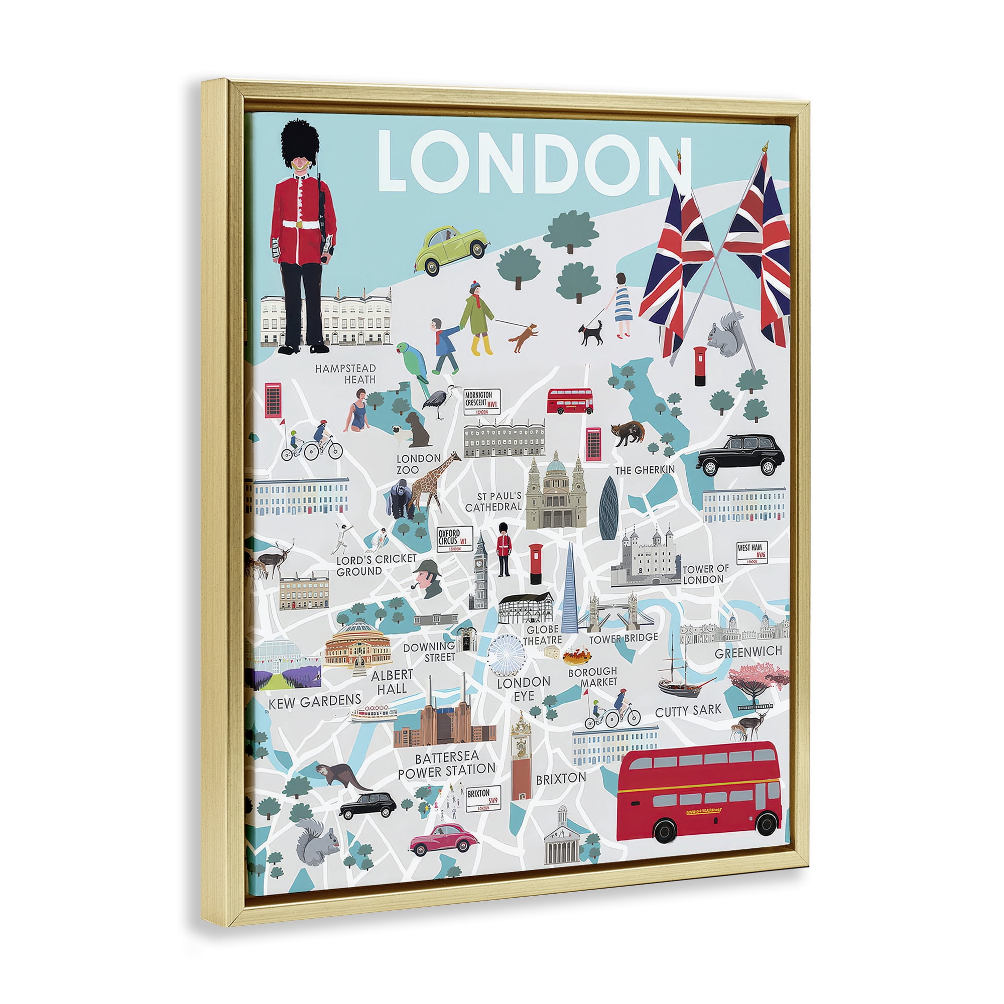 Stupell Industries London Landmark Map Cities & Countries Painting Gold Floater Framed Canvas Art Print Wall Art, 17 x 21