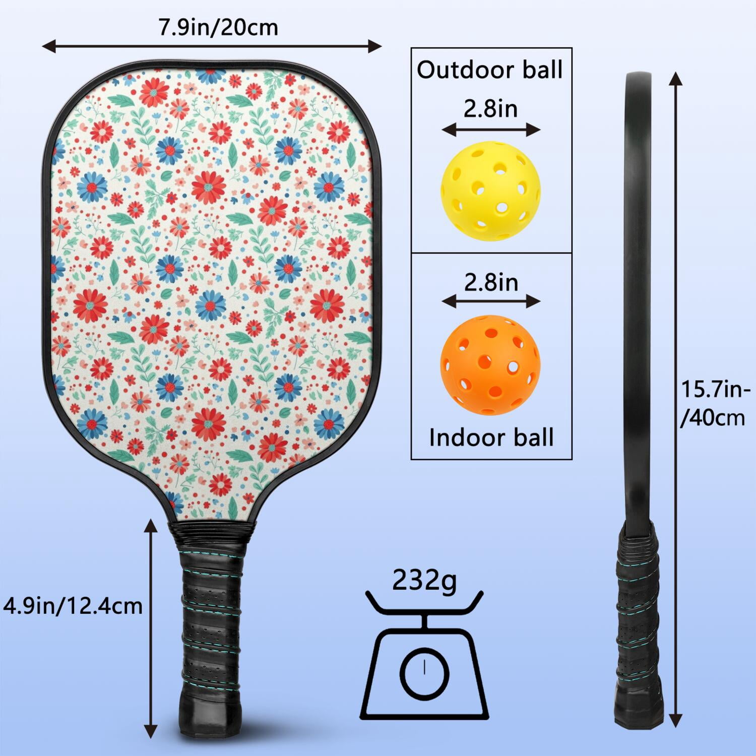 Pickleball Paddles Set,Pioneer Flower Floral Print Pattern Fiberglass Surface Pickleball Racket Set with 2 Indoor Outdoor Pickleball Balls and Pickleball Bag,Pickle-ball Equipment