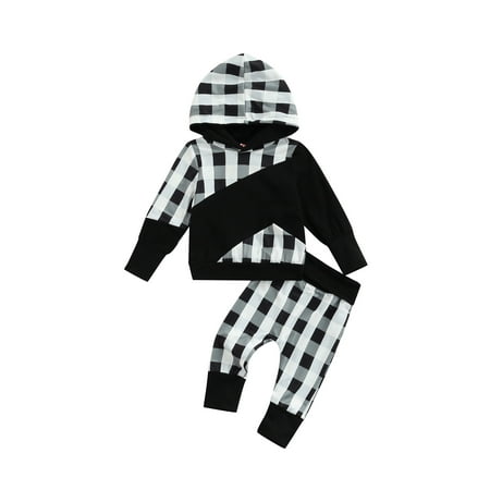 

LSFYSZD Kid Baby Boy Pants Outfits Plaid Printed Patchwork Hooded Long Sleeve Tops + Elastic Waist Long Pants Set