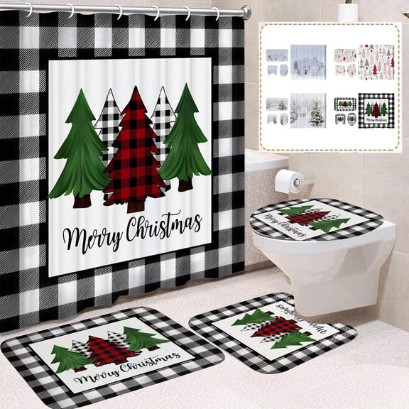 RBCKVXZ 4 Piece Christmas Tree Bathroom Set, Waterproof Fabric Shower Curtain as Xmas Hanging Background Cloth, Complete Holiday Bath Decor Kit