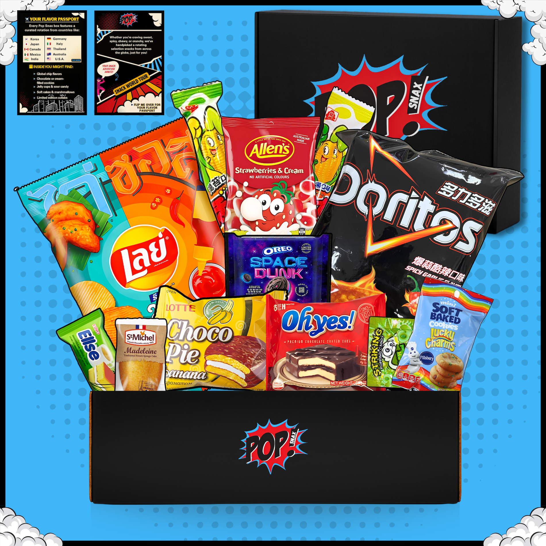 Pop Snax International Mystery Snack Box | 12 Global Treats Variety Pack | The Teaser Mystery Snack Gift Basket with Chips, Candy & Cookies