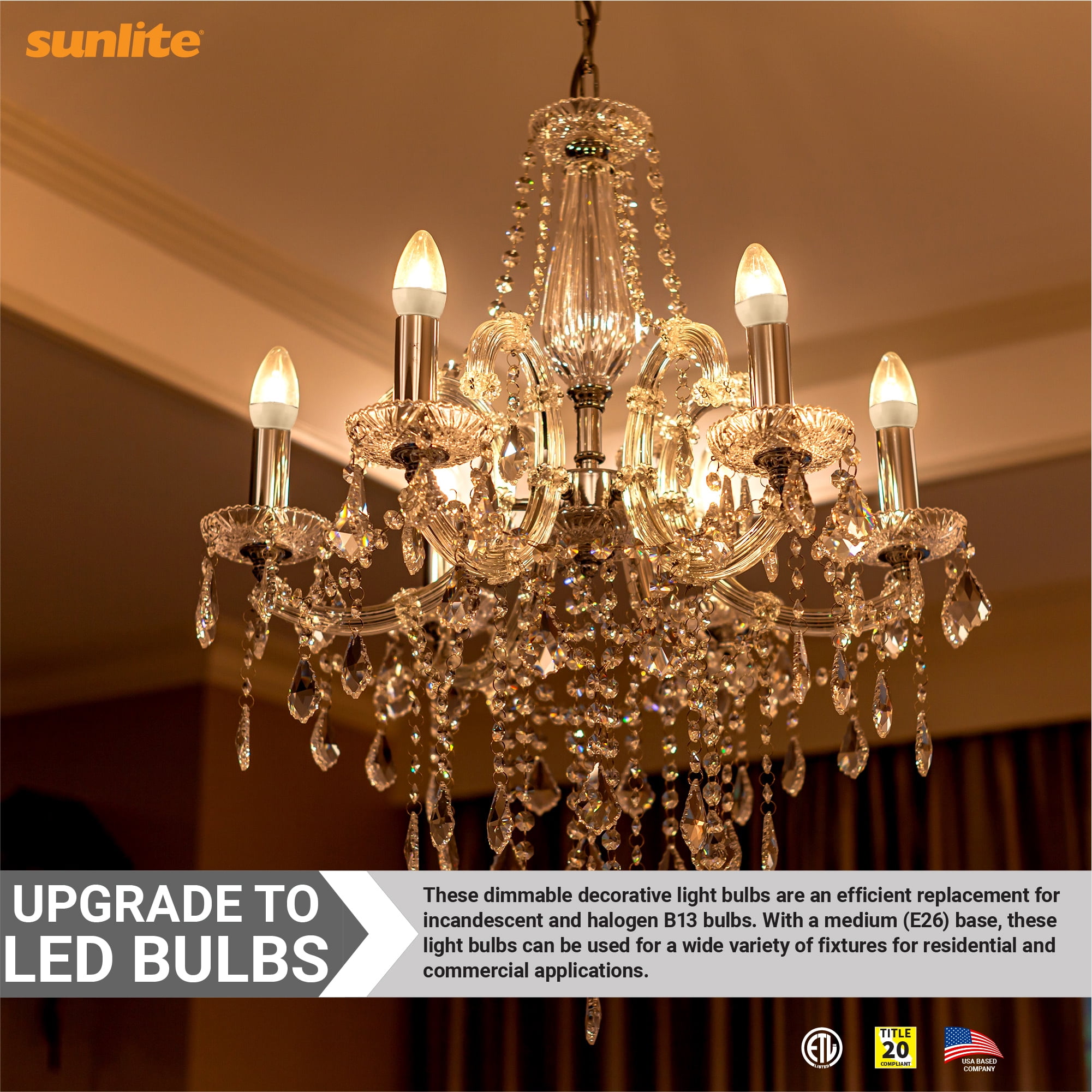 Sunlite LED B13 Decorative Chandelier Light Bulb, 7 Watts (60W=), 500 Lumens, 120 Volts, Dimmable, E26 Base, 90 CRI, ETL Listed, Torpedo Clear, Title-20, 3000K Warm White, 6 Pack