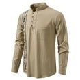 thumbnail image 2 of Linen Blend Shirts for Men Long Sleeve Vintage Ethnic Style Print Shirt Button up Pullover Tops Stand Collar Blouses (L, Khaki), 2 of 7
