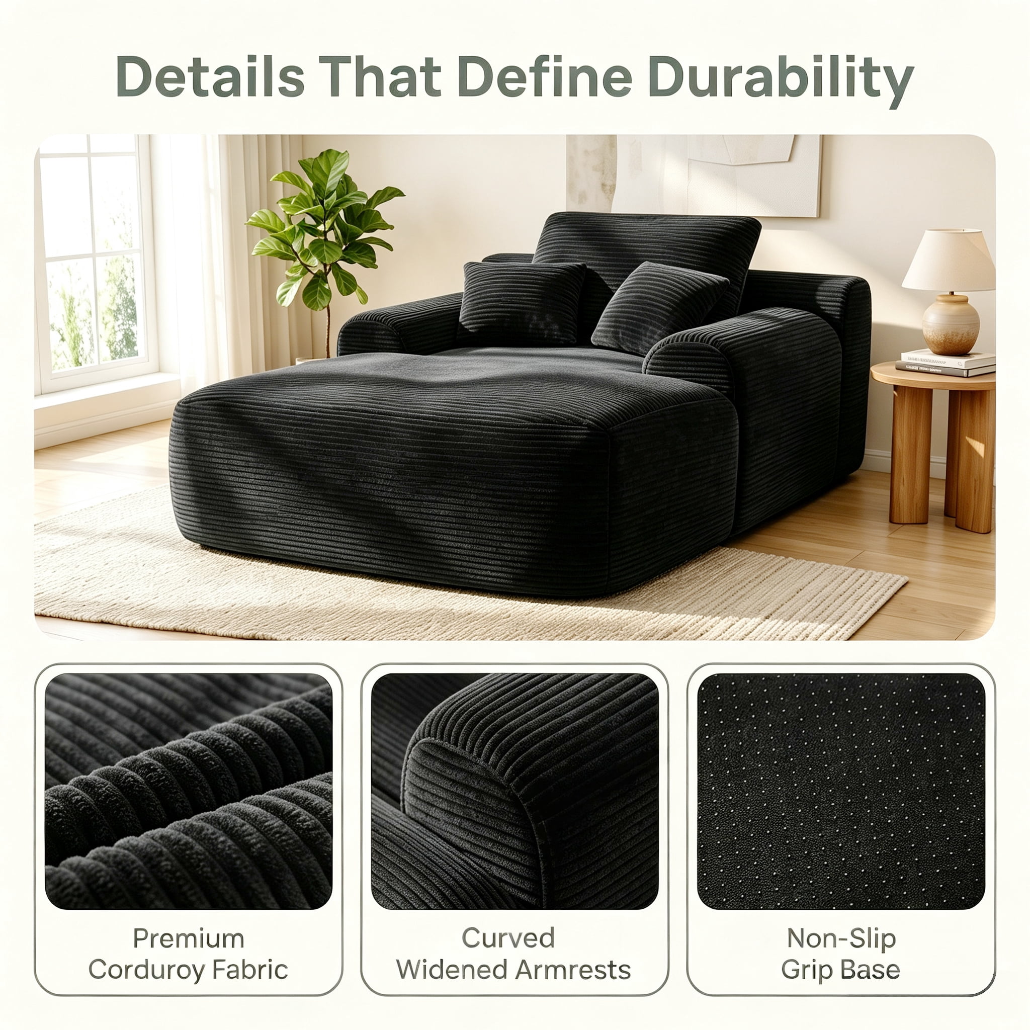 ShiKeyi 65'' Oversized Chaise Lounge Chair Indoor, Boneless Sofa Cloud Deep Seat Sleeper Sofa Bed, Plush Corduroy Chaise Couch with Pillows, No Assembly Required, Black