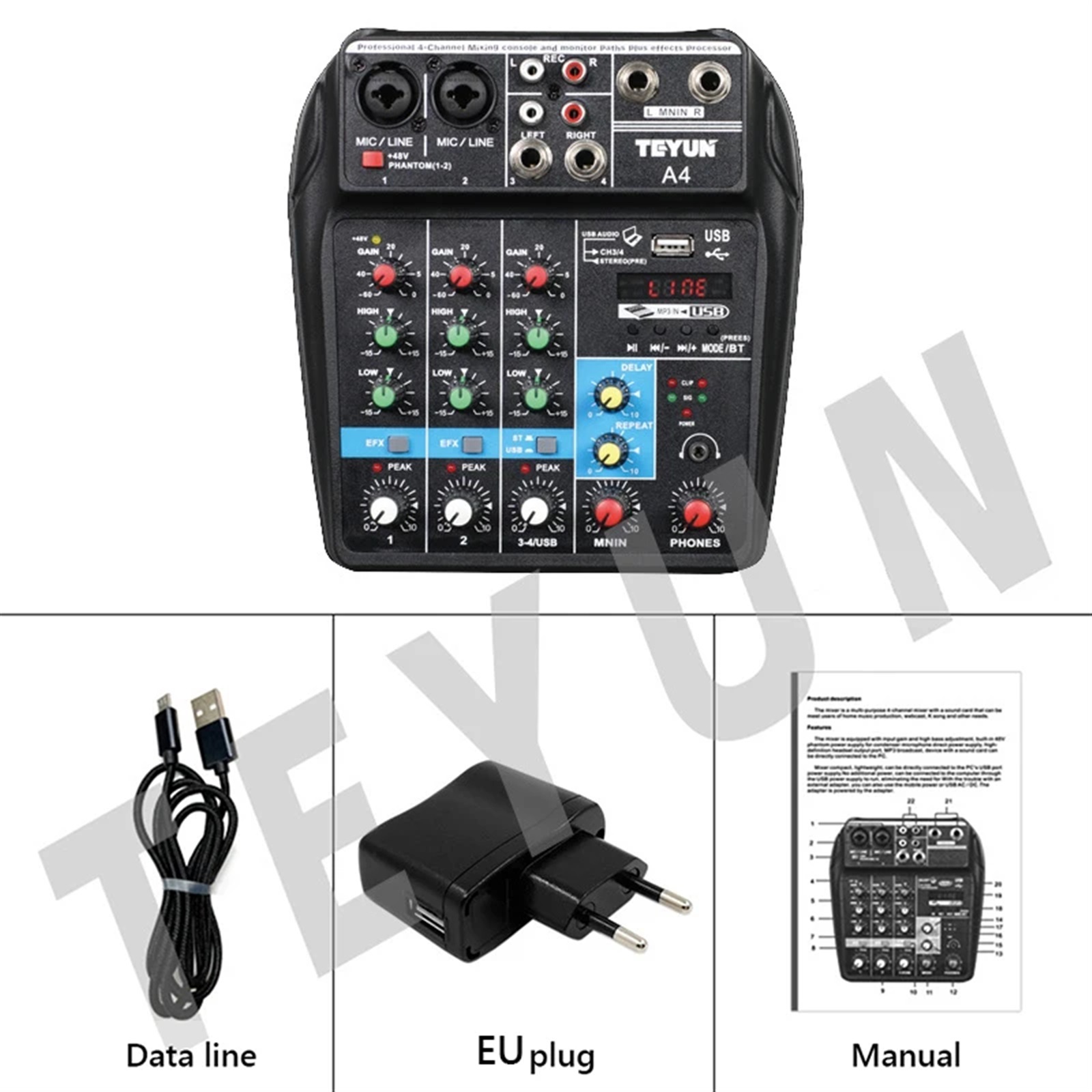 4 Channel Audio Sound Mixer Portable Mini Mixing DJ Console Bluetooth-compatible ,Precision Control