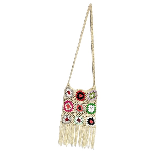 Bolso de hombro de mujer Salvador tejido bohemio hecho a mano con borla Beige