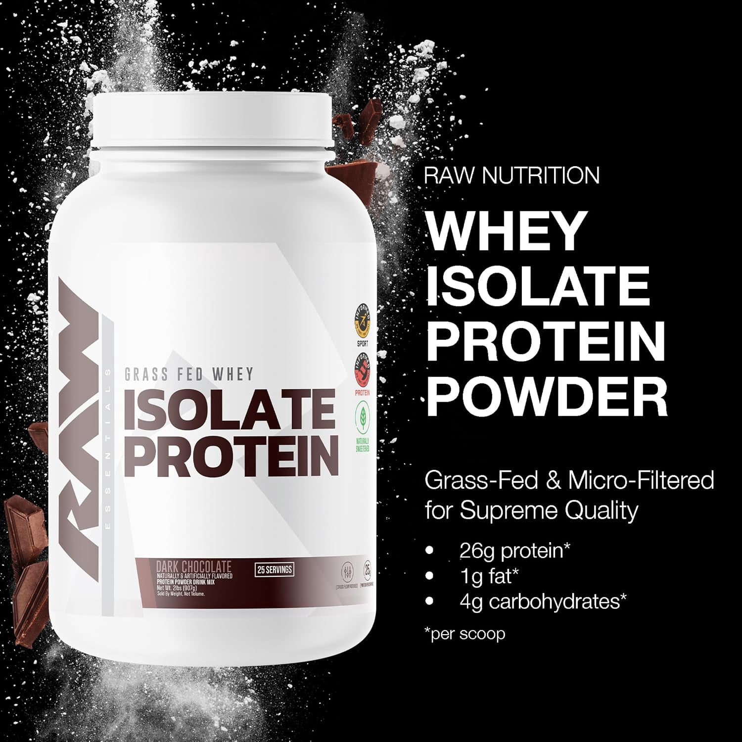 RAW Whey Isolate Protein Powder, Dark Chocolate - 100% Grass-Fed Sports Nutrition Whey Protein Powder for Muscle Growth & Recovery - Low-Fat, Low Carb, Naturally Flavored & Sweetened - 25 Servings