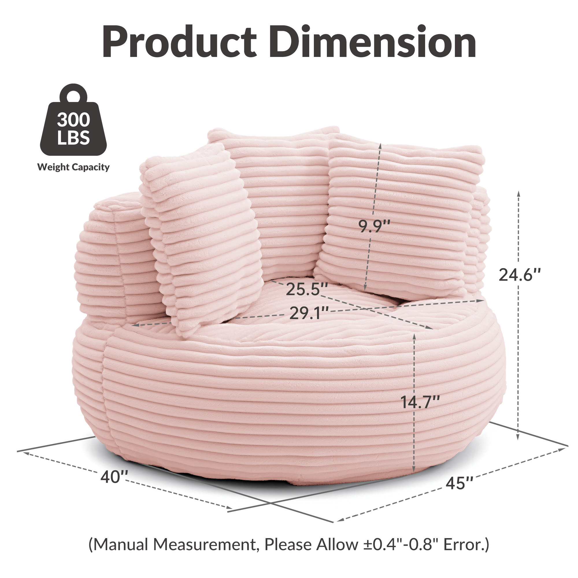 YINIX Oversized Bean Bag Chair with Backrest and Cushion, Cozy Round Floor Sofa for Living Room, Pink