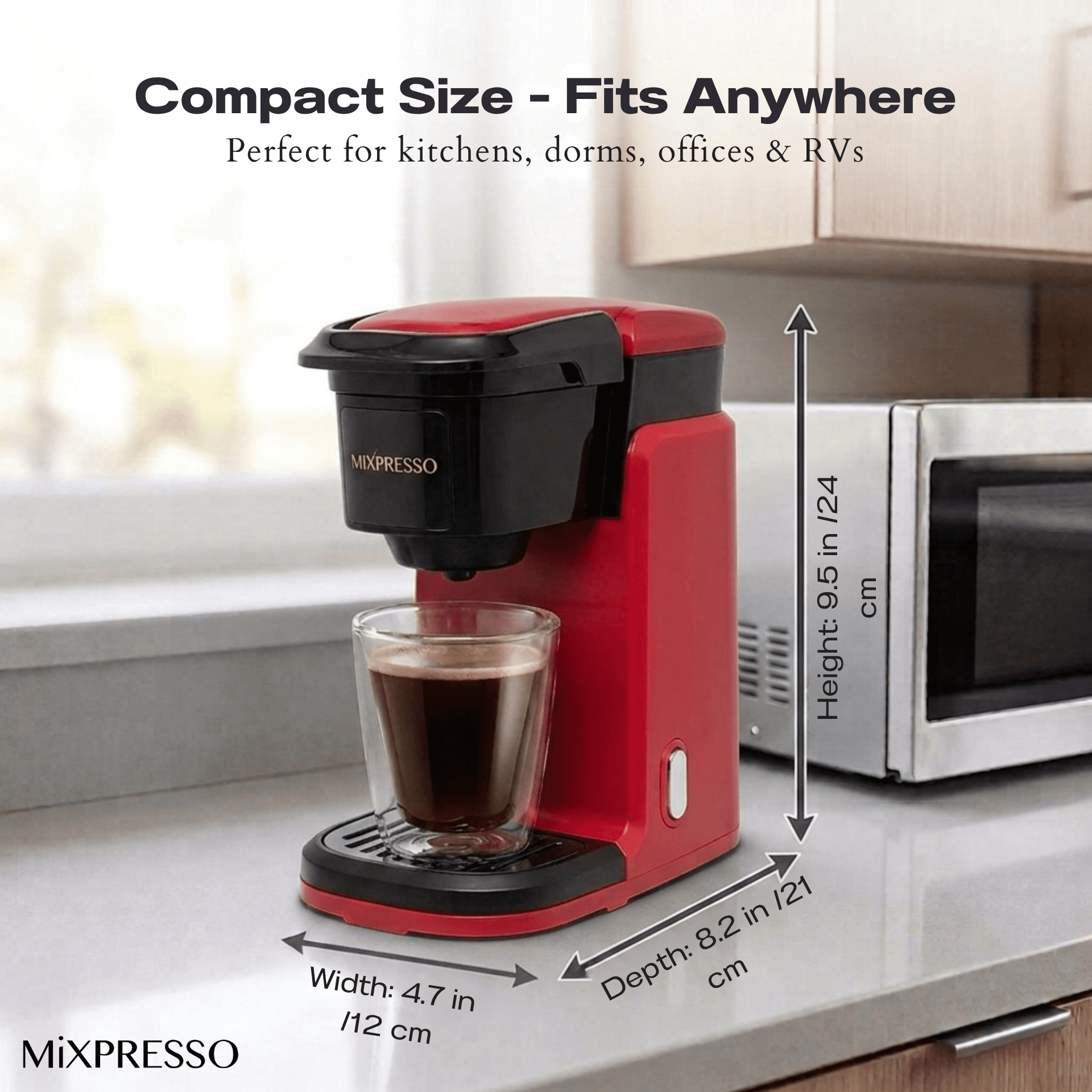 Mixpresso Single Cup Coffee Maker, Personal Single Serve Coffee Brewer Machine, Compatible with Single-Cups, Quick Brew Technology, One Touch Function Red Coffee Maker, 12oz One Cup Coffee Maker