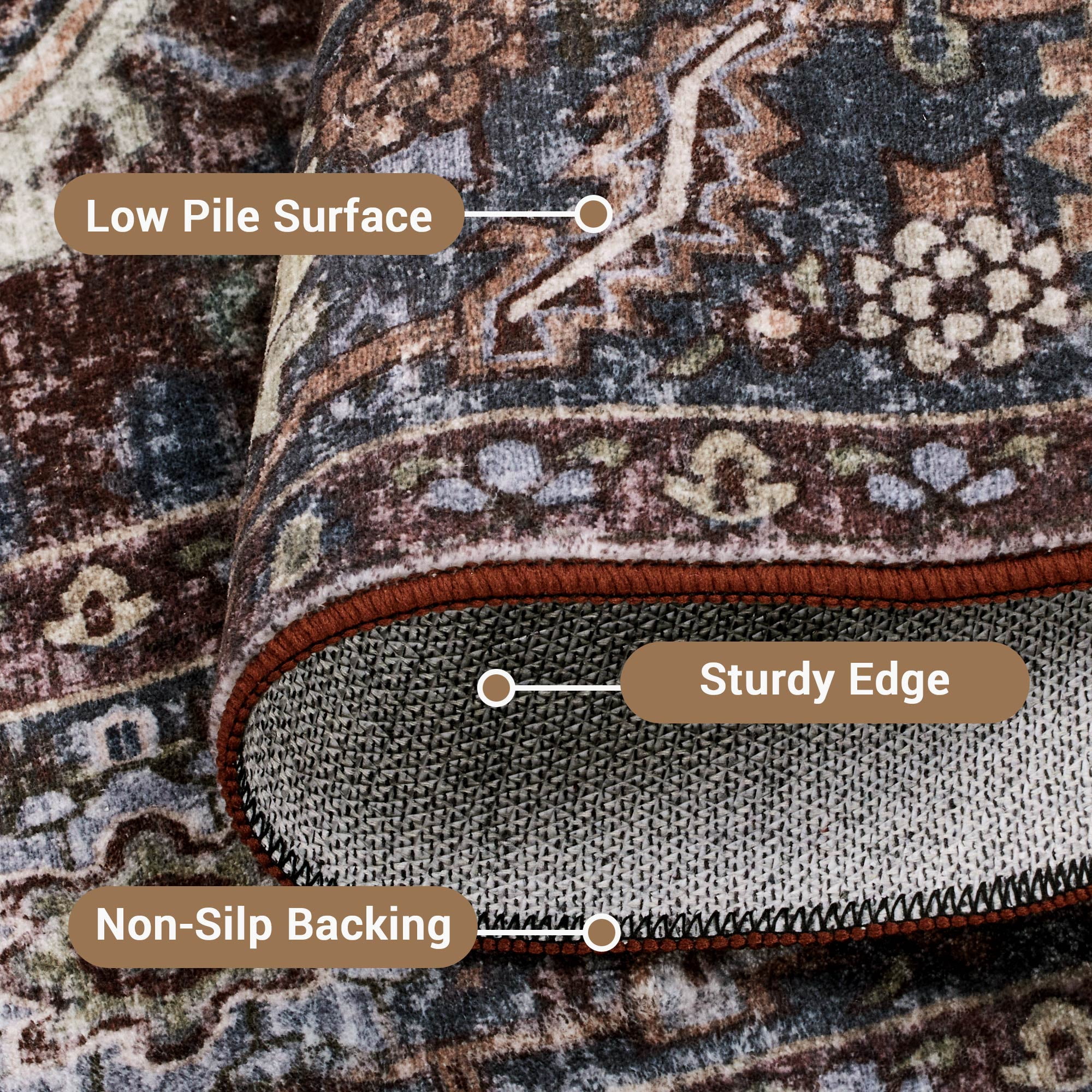 Kokia 9x12 Vintage Oriental Area Rug for living Room, Maroon Low Pile Stain Resistant Non-Slip Washable Rug for Bedroom with Distressed Medallion Pattern