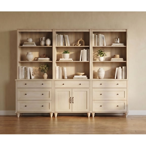 Farmhouse 5 Tier Bookcase With 7 Drawers and 2 Doors, Beige, 101.6" W