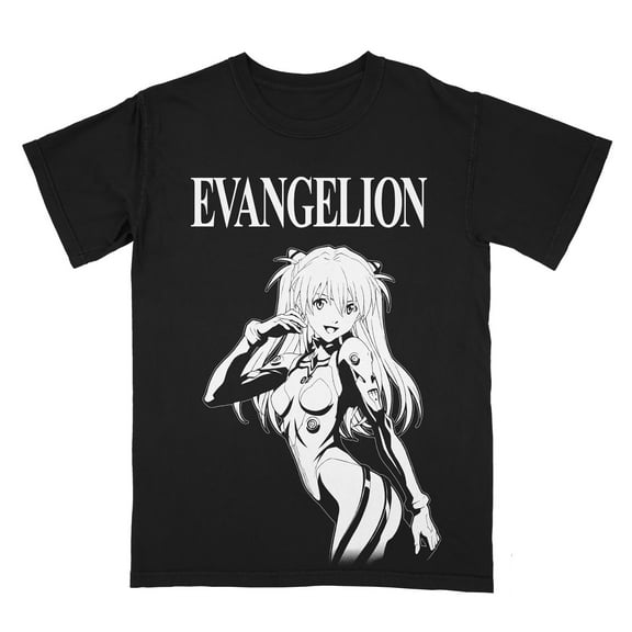 Neon Genesis Evangelion Oversized Asuka Print Adult Black Crew Neck Short Sleeve T-shirt-Medium