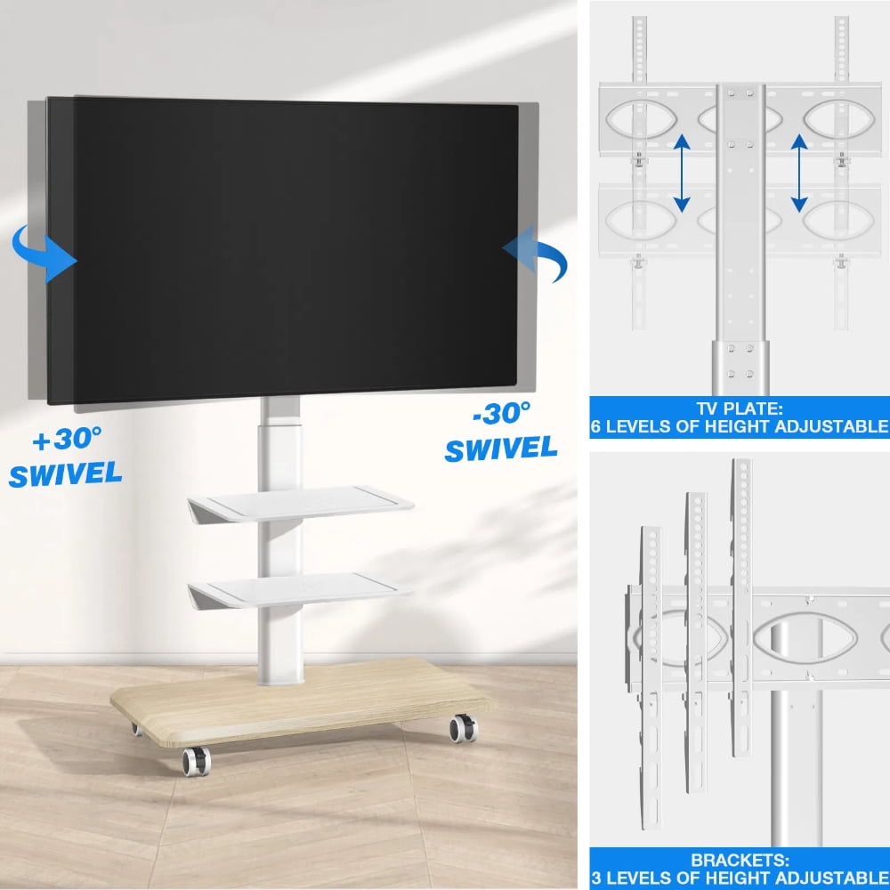 TAVR Furniture Swivel Rolling TV Stand, Height Adjustable Mobile TV Cart for 26-65 Inch TVs for Bedroom, Home Office, Kitchen,White