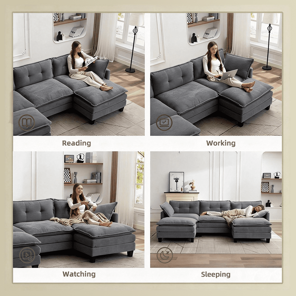 AIKEMING 112" U-Shaped Cloud Couch, Oversized Modular Sectional Sofa with 3-Seater AIKEMING Comfy Couch and 2 Movable Ottomans for Living Room, Grey