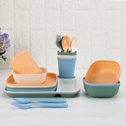 Your Zone 24-Piece Plastic Square Dinnerware Set for Kids, 4 Divided Trays, Plates, Bowls, Cups, Forks and Spoons, Cream/Orange/Green/Blue